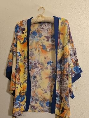 Floral Sheer Kimono Cardigan in Yellow & Blue